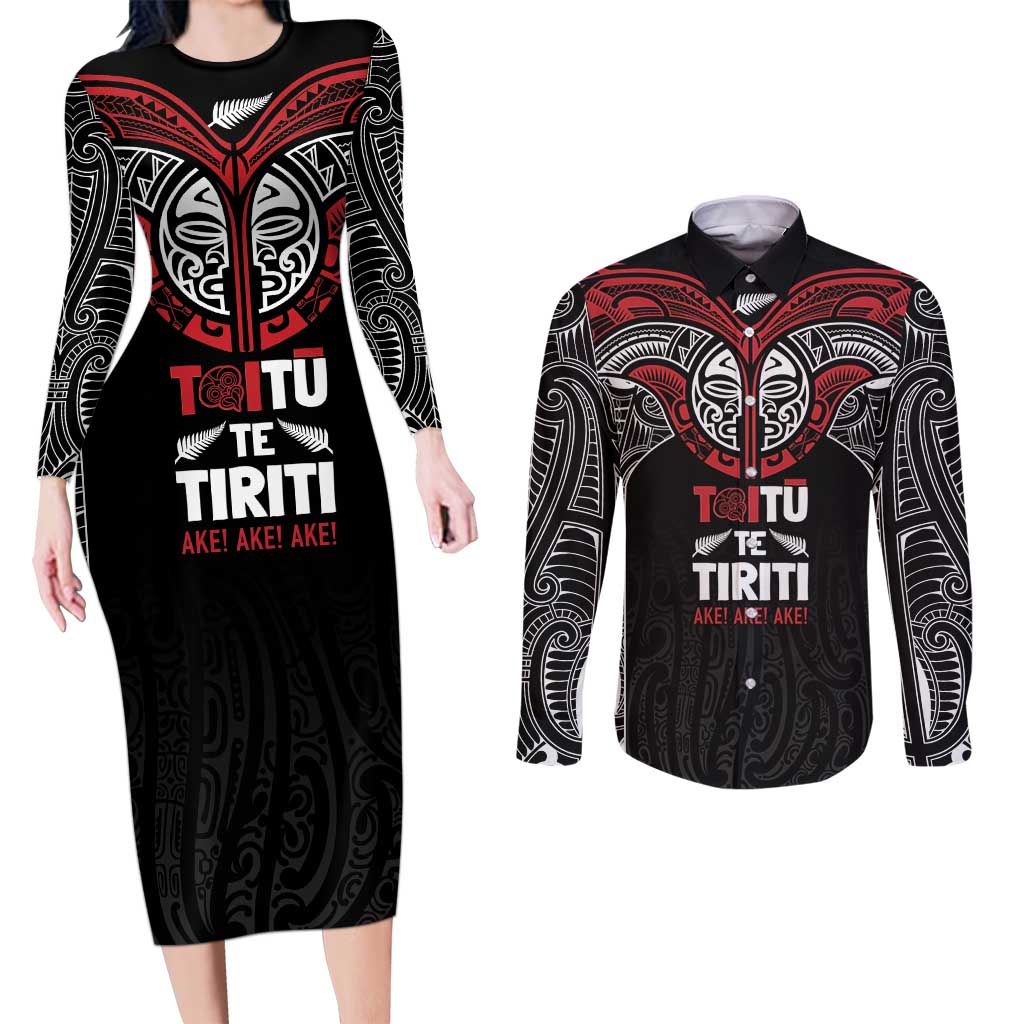 Aotearoa Maori Personalized Couples Matching Long Sleeve Bodycon Dress and Long Sleeve Button Shirt Toitu Te Tiriti Ake! Ake! Ake! LT7 Black - Polynesian Pride
