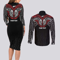 Aotearoa Maori Personalized Couples Matching Long Sleeve Bodycon Dress and Long Sleeve Button Shirt Toitu Te Tiriti Ake! Ake! Ake! LT7 - Polynesian Pride