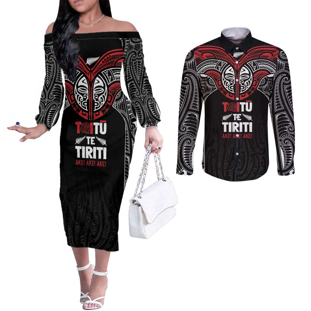 Aotearoa Maori Personalized Couples Matching Off The Shoulder Long Sleeve Dress and Long Sleeve Button Shirt Toitu Te Tiriti Ake! Ake! Ake! LT7 Black - Polynesian Pride
