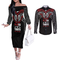 Aotearoa Maori Personalized Couples Matching Off The Shoulder Long Sleeve Dress and Long Sleeve Button Shirt Toitu Te Tiriti Ake! Ake! Ake! LT7 Black - Polynesian Pride