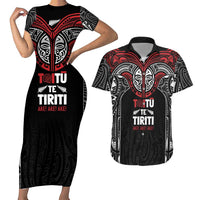 Aotearoa Maori Personalized Couples Matching Short Sleeve Bodycon Dress and Hawaiian Shirt Toitu Te Tiriti Ake! Ake! Ake! LT7 Black - Polynesian Pride