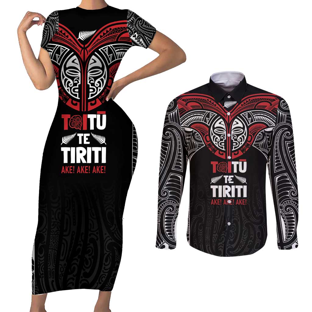 Aotearoa Maori Personalized Couples Matching Short Sleeve Bodycon Dress and Long Sleeve Button Shirt Toitu Te Tiriti Ake! Ake! Ake! LT7 Black - Polynesian Pride