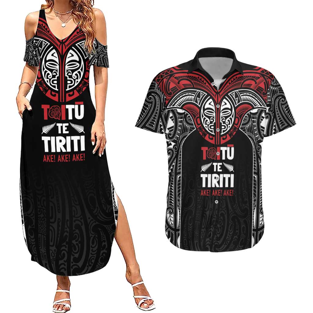 Aotearoa Maori Personalized Couples Matching Summer Maxi Dress and Hawaiian Shirt Toitu Te Tiriti Ake! Ake! Ake! LT7 Black - Polynesian Pride