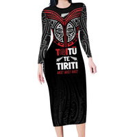 Aotearoa Maori Personalized Family Matching Long Sleeve Bodycon Dress and Hawaiian Shirt Toitu Te Tiriti Ake! Ake! Ake! LT7 Mom's Dress Black - Polynesian Pride