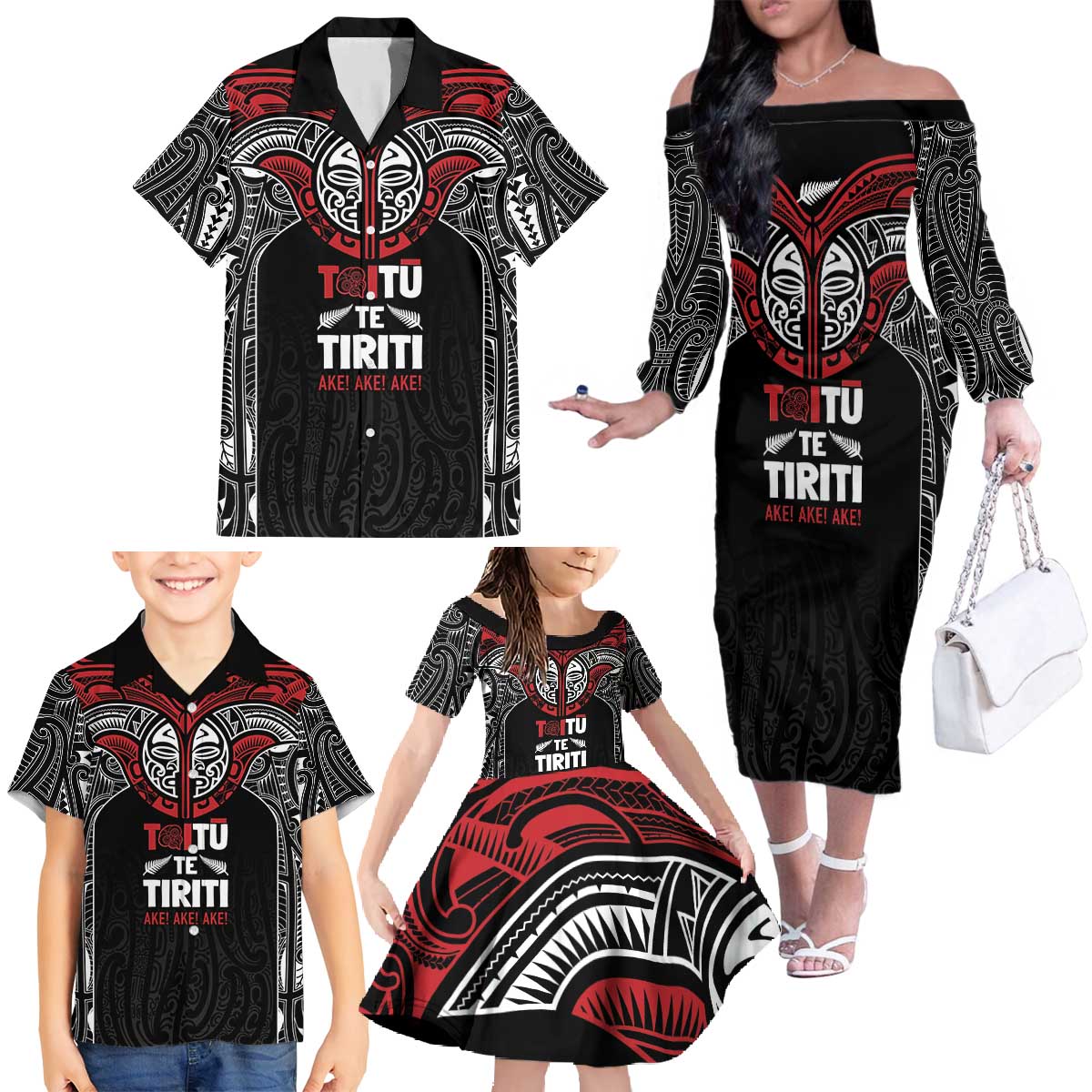 Aotearoa Maori Personalized Family Matching Off The Shoulder Long Sleeve Dress and Hawaiian Shirt Toitu Te Tiriti Ake! Ake! Ake! LT7 - Polynesian Pride