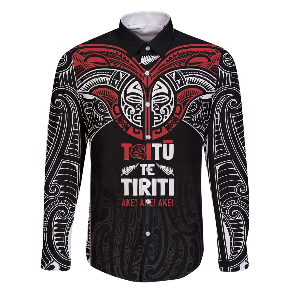 Aotearoa Maori Personalized Family Matching Short Sleeve Bodycon Dress and Hawaiian Shirt Toitu Te Tiriti Ake! Ake! Ake! LT7 Dad's Shirt - Long Sleeve Black - Polynesian Pride