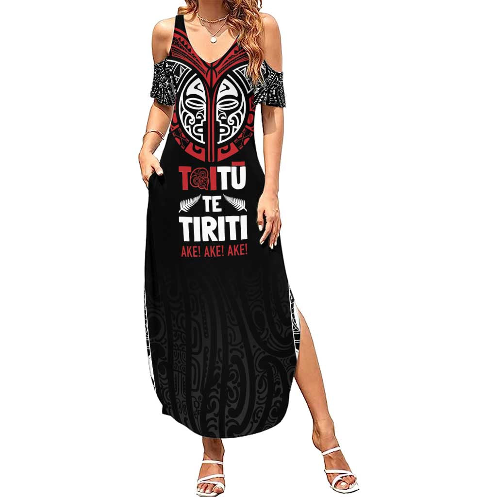 Aotearoa Maori Personalized Family Matching Summer Maxi Dress and Hawaiian Shirt Toitu Te Tiriti Ake! Ake! Ake! LT7 Mom's Dress Black - Polynesian Pride