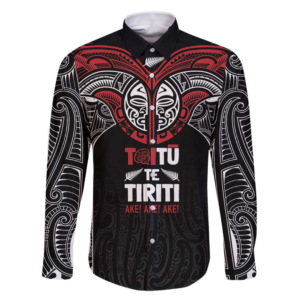 Aotearoa Maori Personalized Family Matching Tank Maxi Dress and Hawaiian Shirt Toitu Te Tiriti Ake! Ake! Ake! LT7 Dad's Shirt - Long Sleeve Black - Polynesian Pride