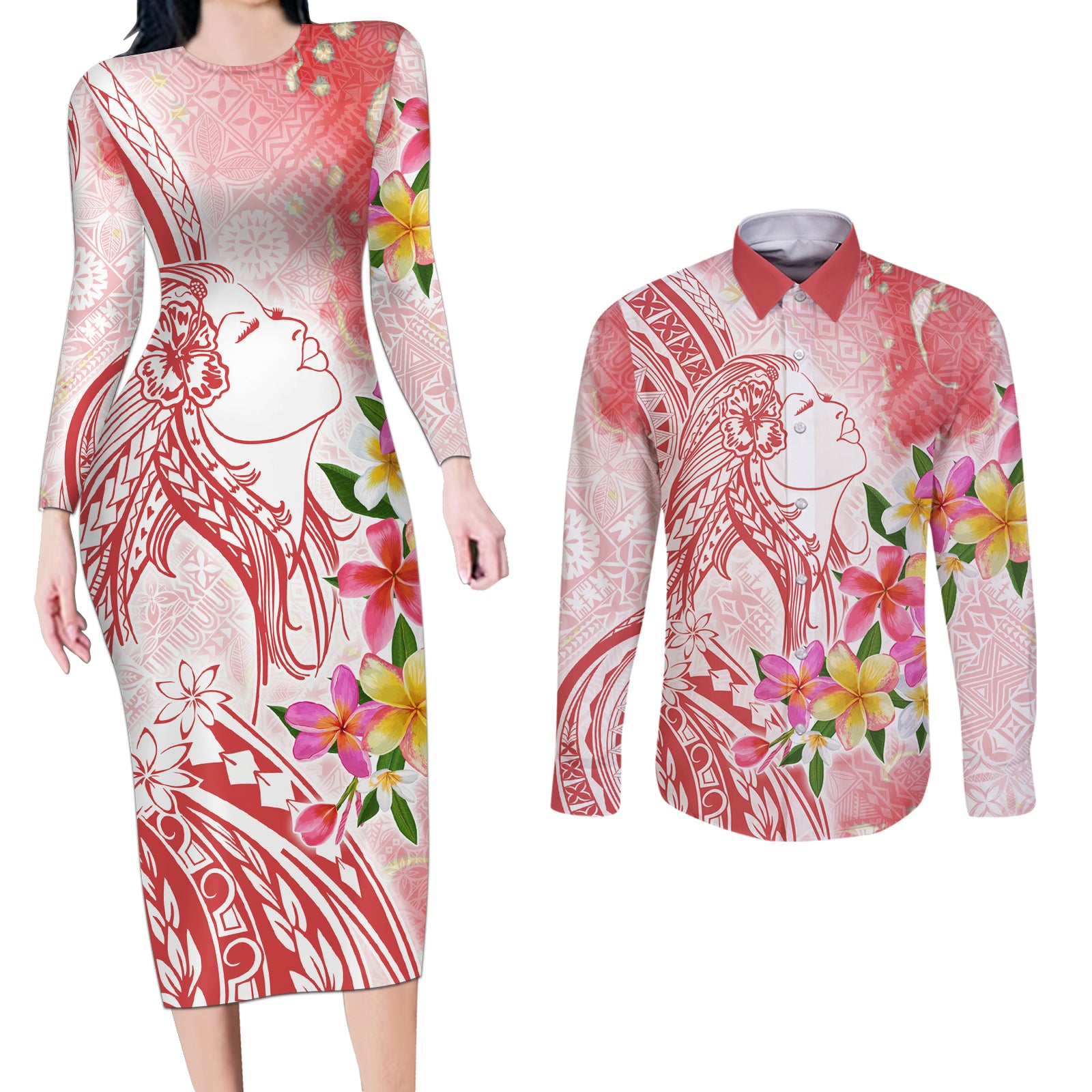 Polynesian Women's Day Wahine Couples Matching Long Sleeve Bodycon Dress and Long Sleeve Button Shirt Plumeria Marble Glaze - Pink LT7 Pink - Polynesian Pride