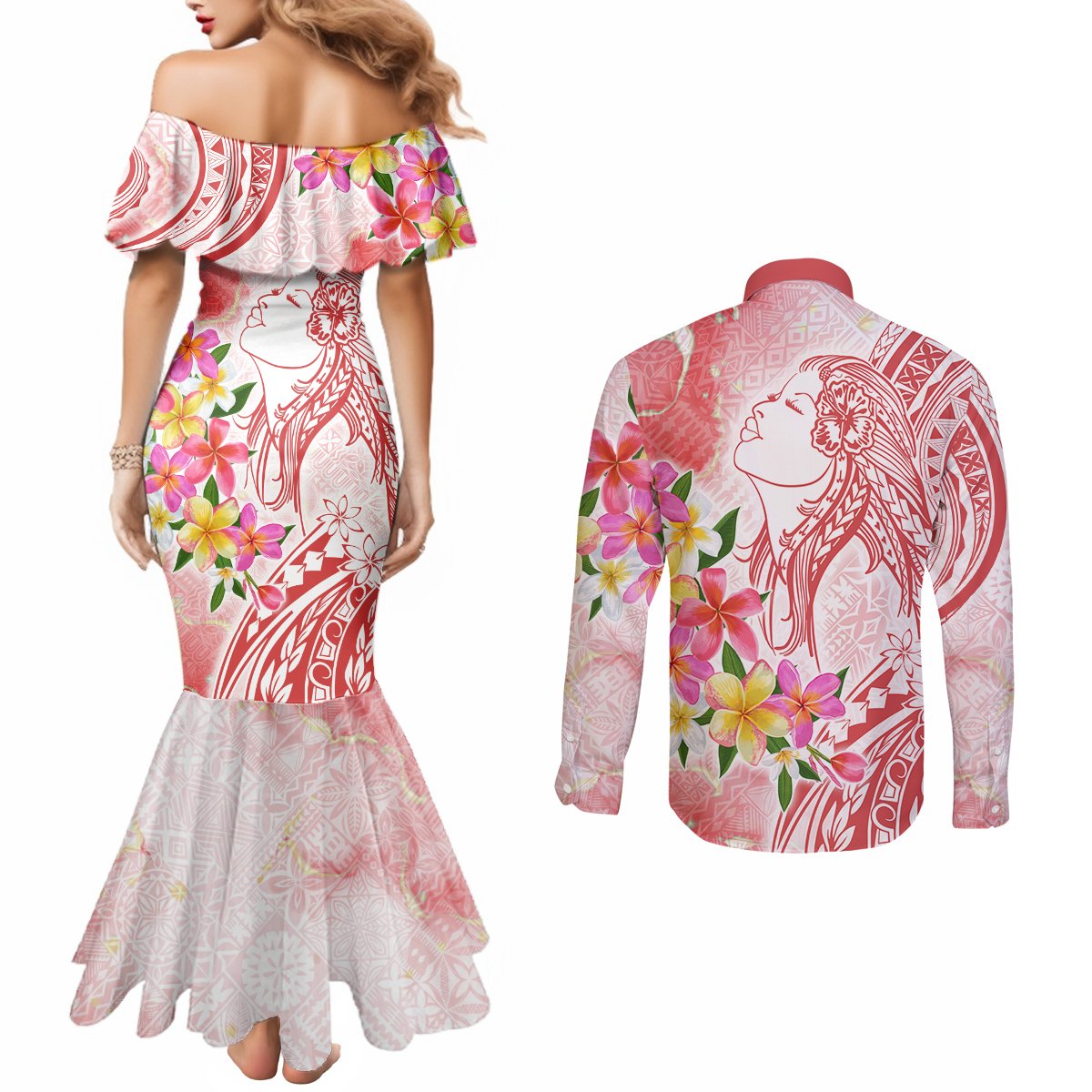 Polynesian Women's Day Wahine Couples Matching Mermaid Dress and Long Sleeve Button Shirt Plumeria Marble Glaze - Pink LT7 - Polynesian Pride