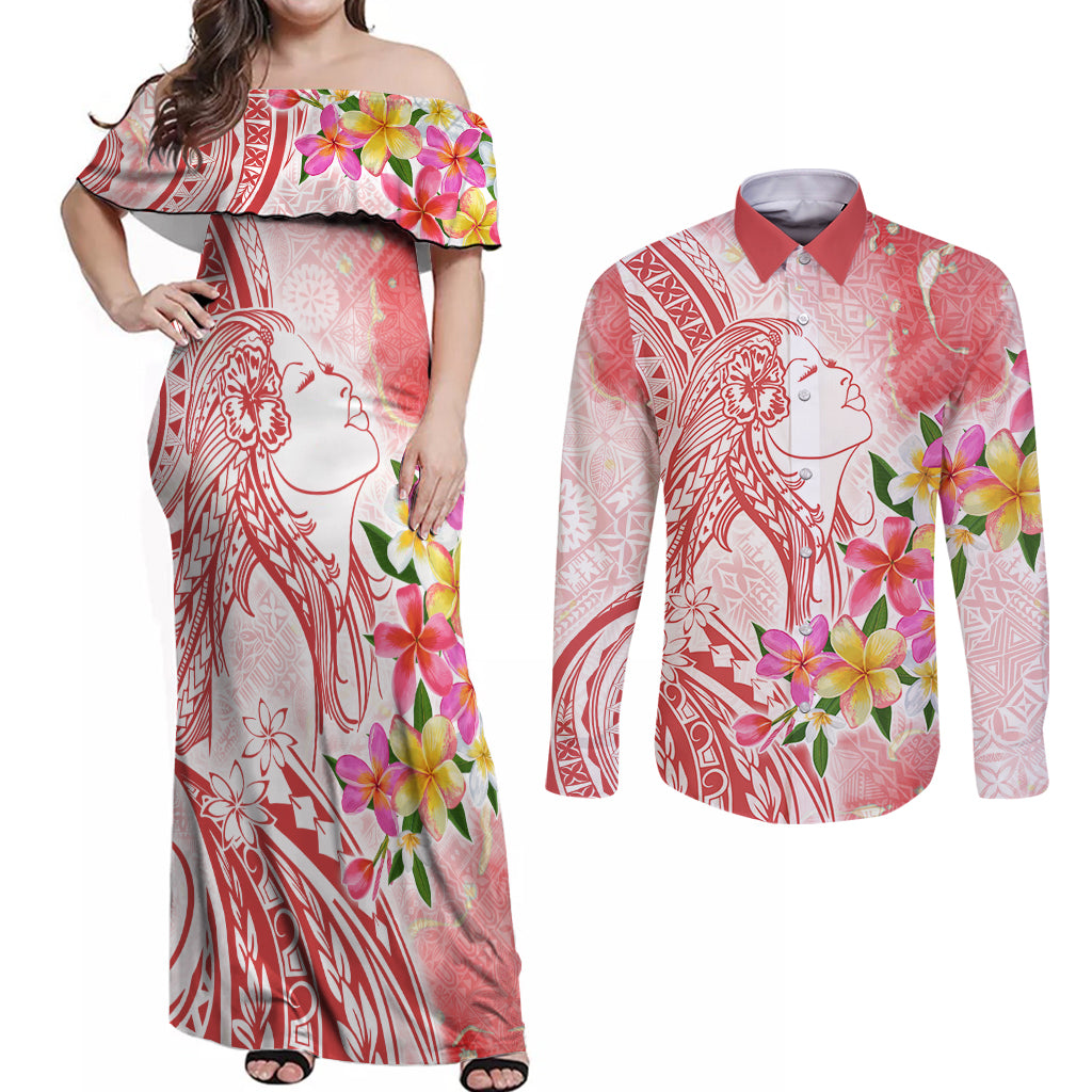 Polynesian Women's Day Wahine Couples Matching Off Shoulder Maxi Dress and Long Sleeve Button Shirt Plumeria Marble Glaze - Pink LT7 Pink - Polynesian Pride