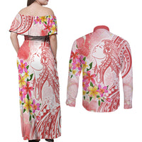 Polynesian Women's Day Wahine Couples Matching Off Shoulder Maxi Dress and Long Sleeve Button Shirt Plumeria Marble Glaze - Pink LT7 - Polynesian Pride