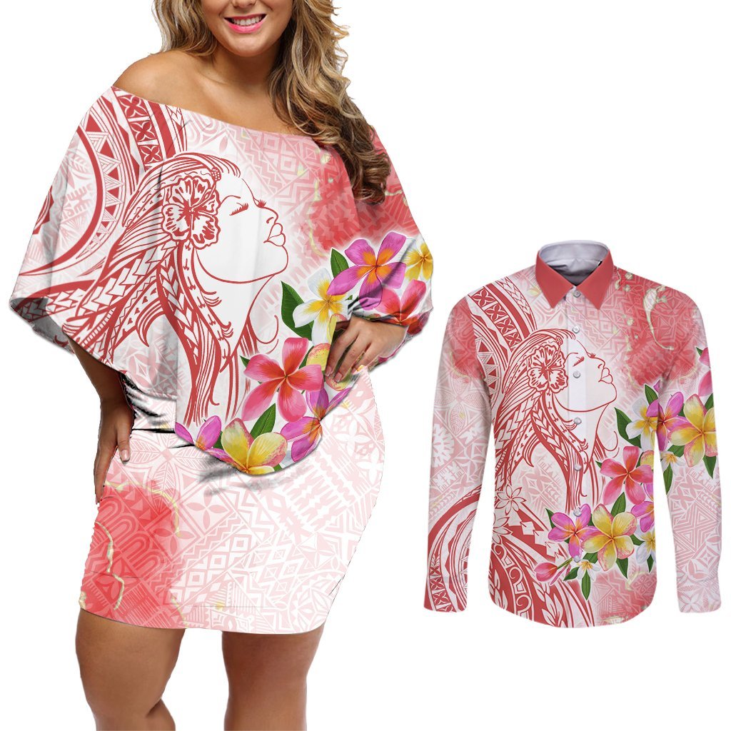 Polynesian Women's Day Wahine Couples Matching Off Shoulder Short Dress and Long Sleeve Button Shirt Plumeria Marble Glaze - Pink LT7 Pink - Polynesian Pride
