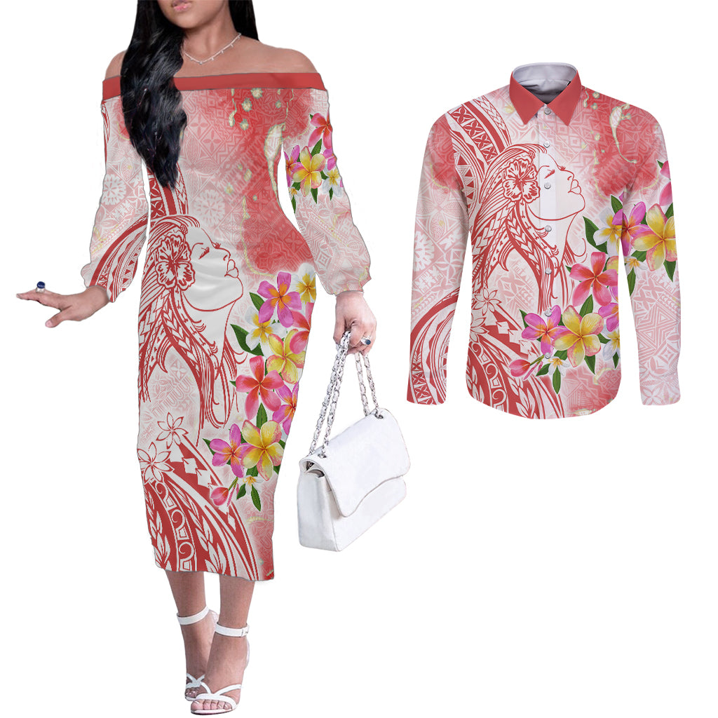 Polynesian Women's Day Wahine Couples Matching Off The Shoulder Long Sleeve Dress and Long Sleeve Button Shirt Plumeria Marble Glaze - Pink LT7 Pink - Polynesian Pride