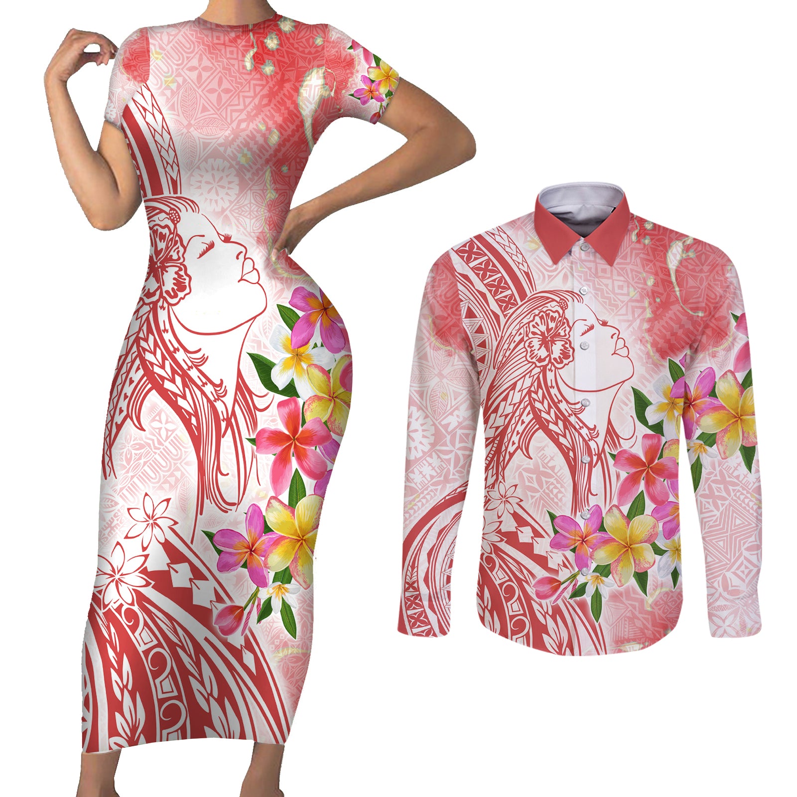 Polynesian Women's Day Wahine Couples Matching Short Sleeve Bodycon Dress and Long Sleeve Button Shirt Plumeria Marble Glaze - Pink LT7 Pink - Polynesian Pride