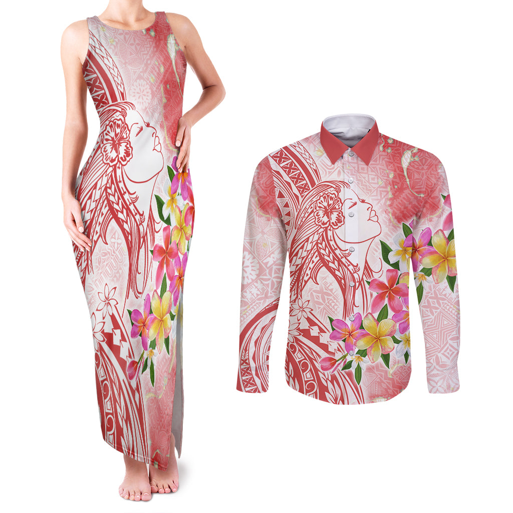 Polynesian Women's Day Wahine Couples Matching Tank Maxi Dress and Long Sleeve Button Shirt Plumeria Marble Glaze - Pink LT7 Pink - Polynesian Pride