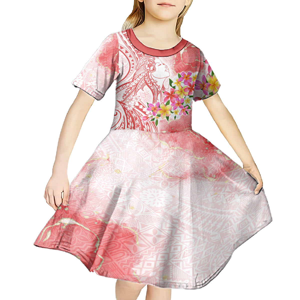Polynesian Women's Day Wahine Kid Short Sleeve Dress Plumeria Marble Glaze - Pink LT7 - Polynesian Pride