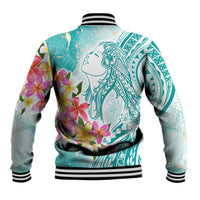 Polynesian Women's Day Wahine Baseball Jacket Plumeria Marble Glaze - Teal LT7 - Polynesian Pride