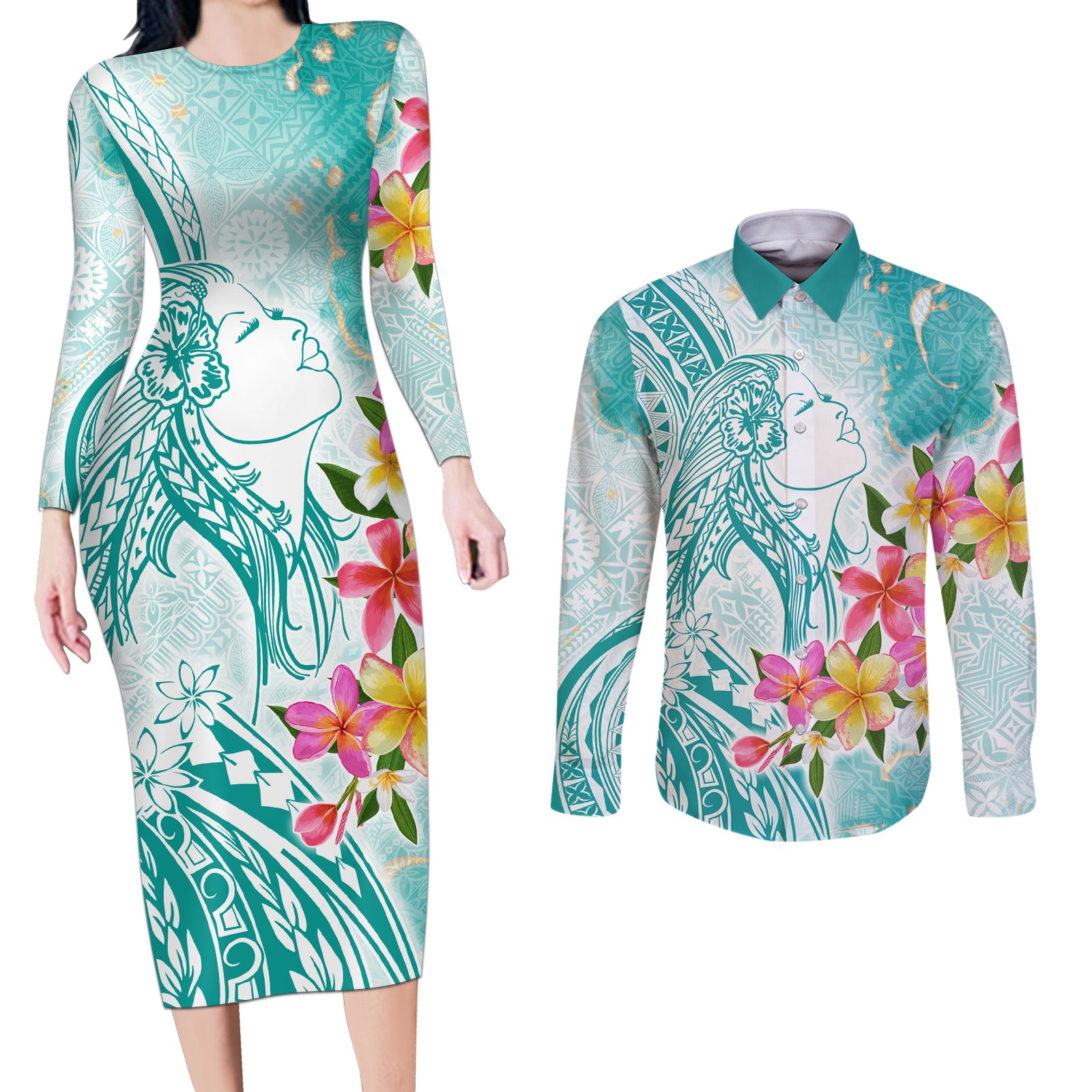 Polynesian Women's Day Wahine Couples Matching Long Sleeve Bodycon Dress and Long Sleeve Button Shirt Plumeria Marble Glaze - Teal LT7 Teal - Polynesian Pride