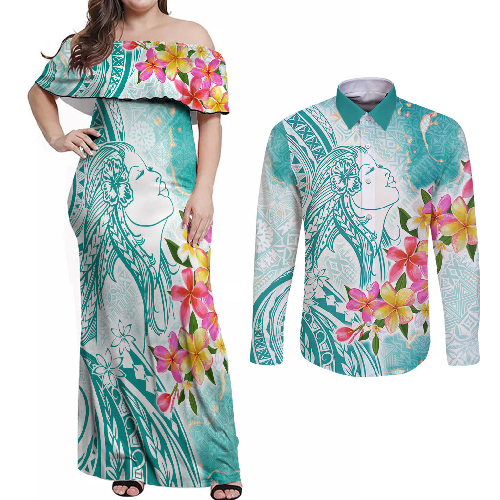 Polynesian Women's Day Wahine Couples Matching Off Shoulder Maxi Dress and Long Sleeve Button Shirt Plumeria Marble Glaze - Teal LT7 Teal - Polynesian Pride