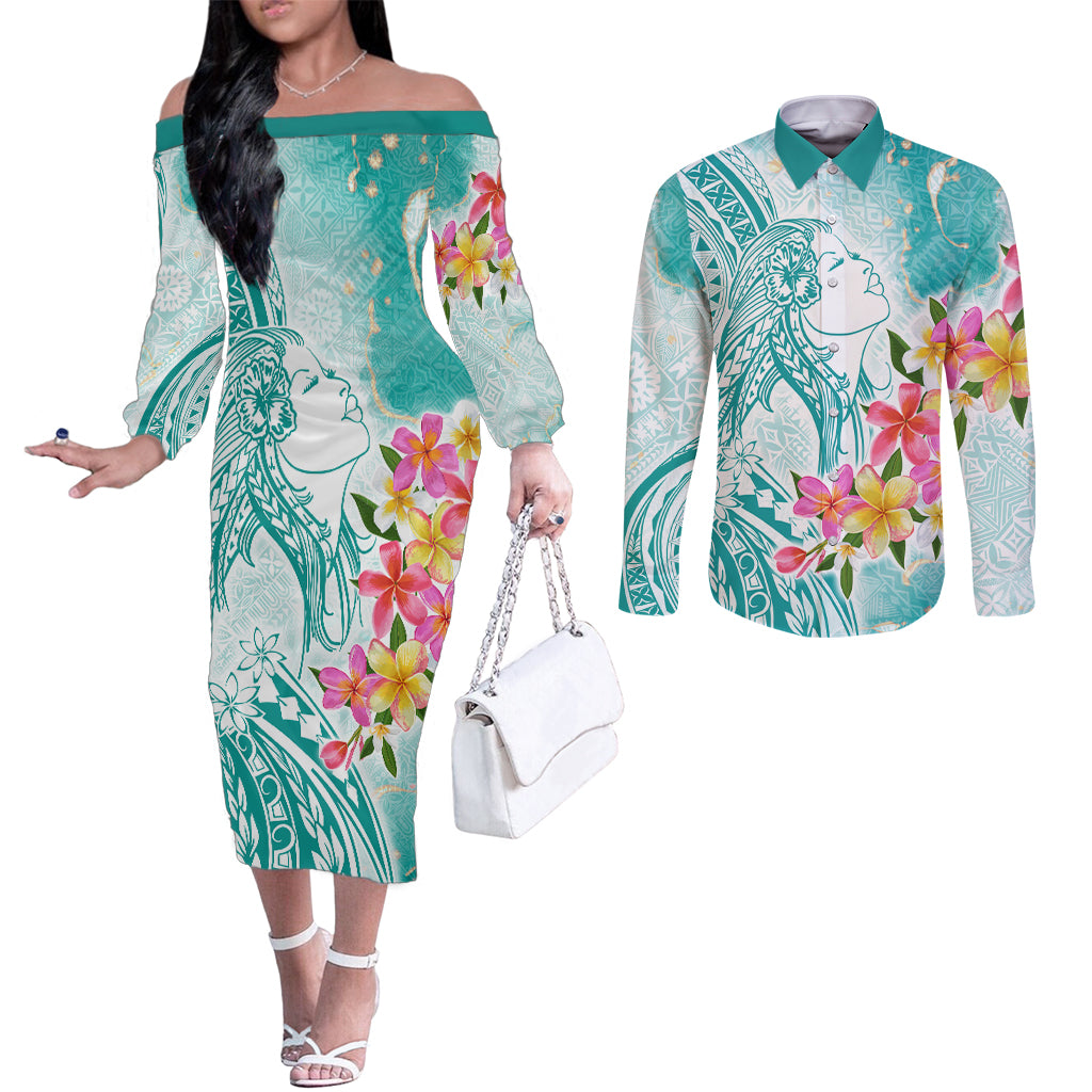 Polynesian Women's Day Wahine Couples Matching Off The Shoulder Long Sleeve Dress and Long Sleeve Button Shirt Plumeria Marble Glaze - Teal LT7 Teal - Polynesian Pride