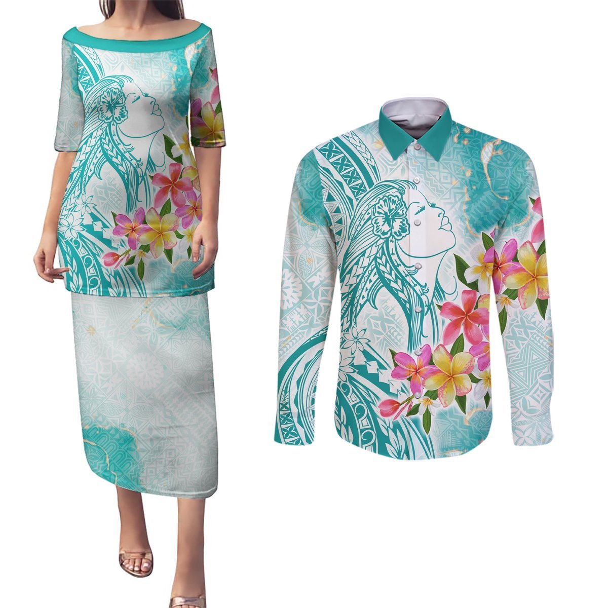 Polynesian Women's Day Wahine Couples Matching Puletasi and Long Sleeve Button Shirt Plumeria Marble Glaze - Teal LT7 Teal - Polynesian Pride