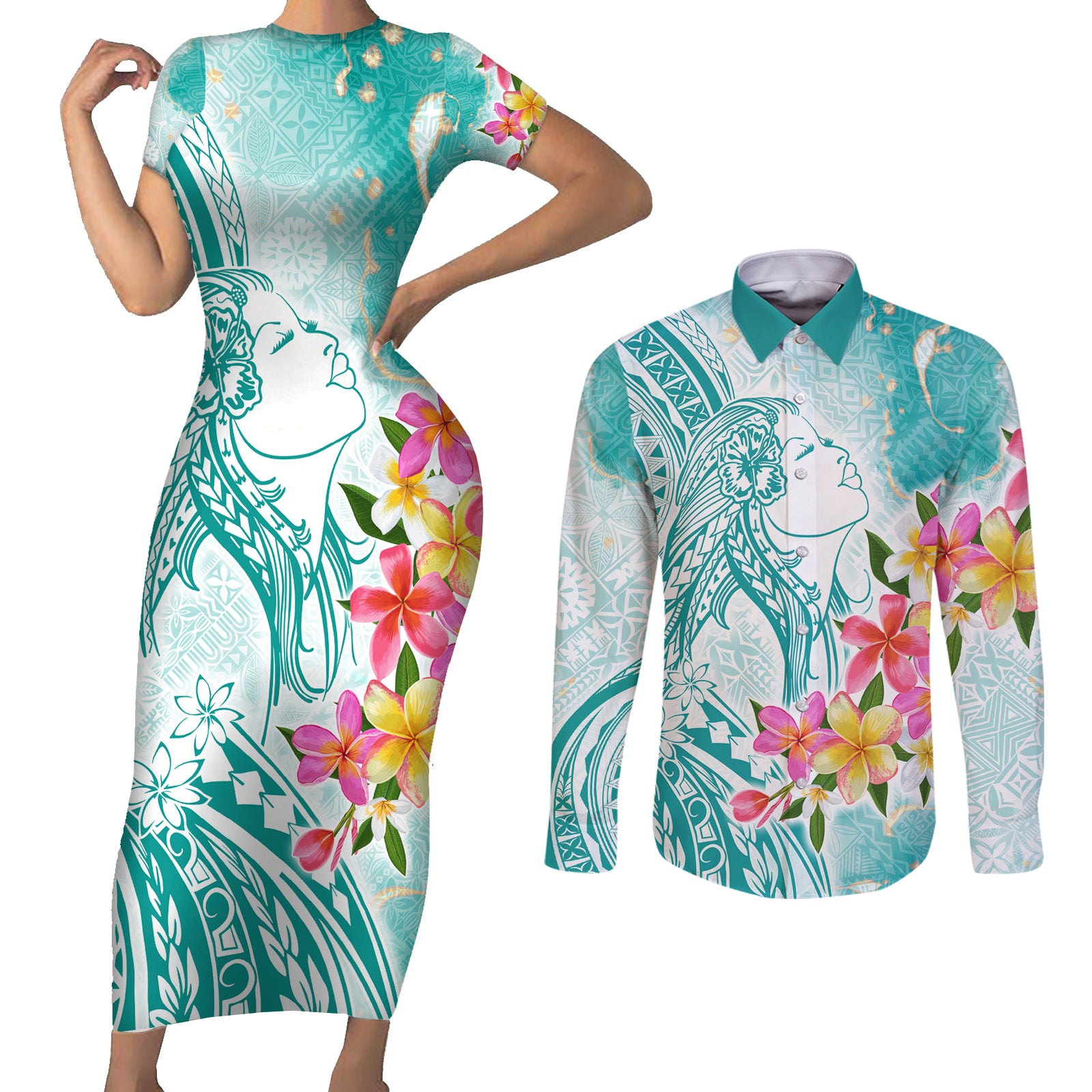 Polynesian Women's Day Wahine Couples Matching Short Sleeve Bodycon Dress and Long Sleeve Button Shirt Plumeria Marble Glaze - Teal LT7 Teal - Polynesian Pride