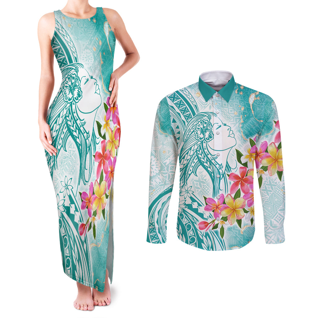 Polynesian Women's Day Wahine Couples Matching Tank Maxi Dress and Long Sleeve Button Shirt Plumeria Marble Glaze - Teal LT7 Teal - Polynesian Pride