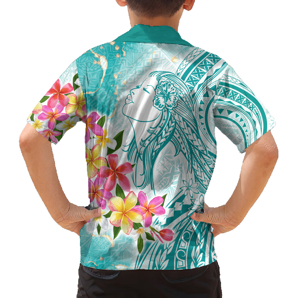 Polynesian Women's Day Wahine Family Matching Long Sleeve Bodycon Dress and Hawaiian Shirt Plumeria Marble Glaze - Teal LT7 - Polynesian Pride