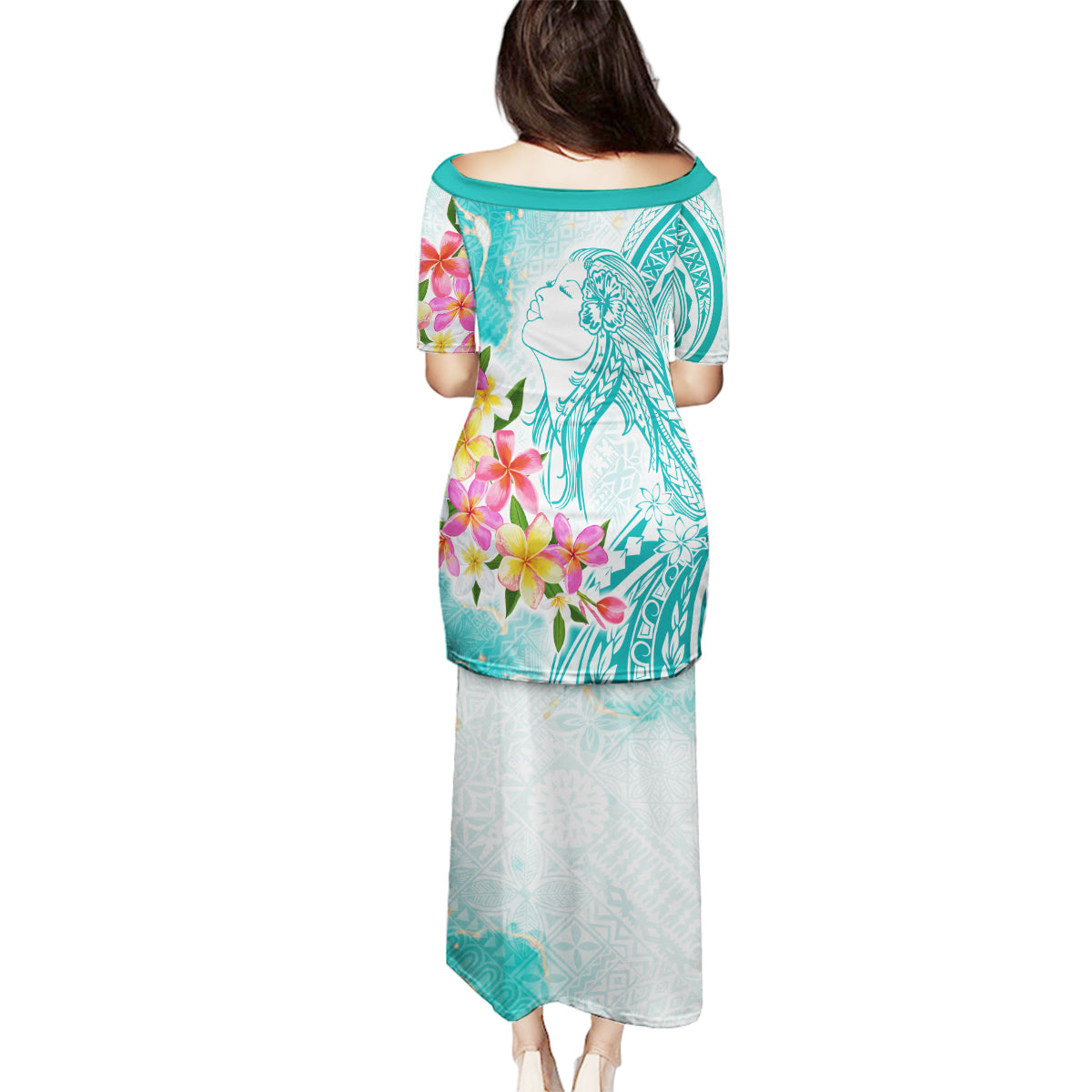 Polynesian Women's Day Wahine Family Matching Puletasi and Hawaiian Shirt Plumeria Marble Glaze - Teal LT7 - Polynesian Pride