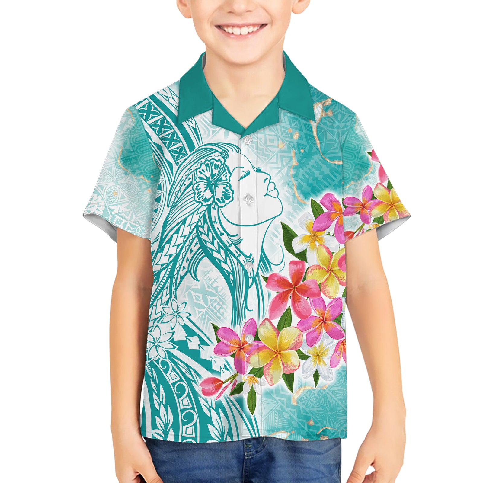 Polynesian Women's Day Wahine Kid Hawaiian Shirt Plumeria Marble Glaze - Teal LT7 Kid Teal - Polynesian Pride