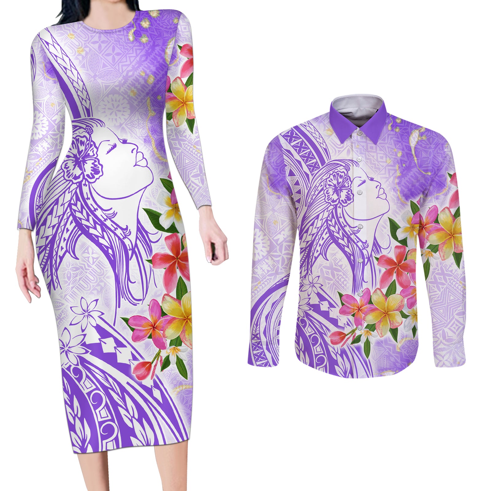 Polynesian Women's Day Wahine Couples Matching Long Sleeve Bodycon Dress and Long Sleeve Button Shirt Plumeria Marble Glaze - Purple LT7 Purple - Polynesian Pride