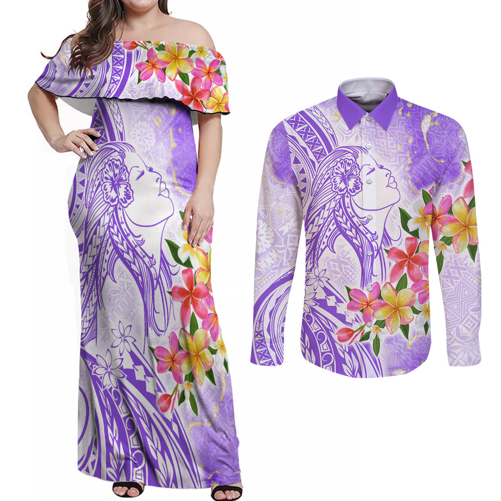 Polynesian Women's Day Wahine Couples Matching Off Shoulder Maxi Dress and Long Sleeve Button Shirt Plumeria Marble Glaze - Purple LT7 Purple - Polynesian Pride