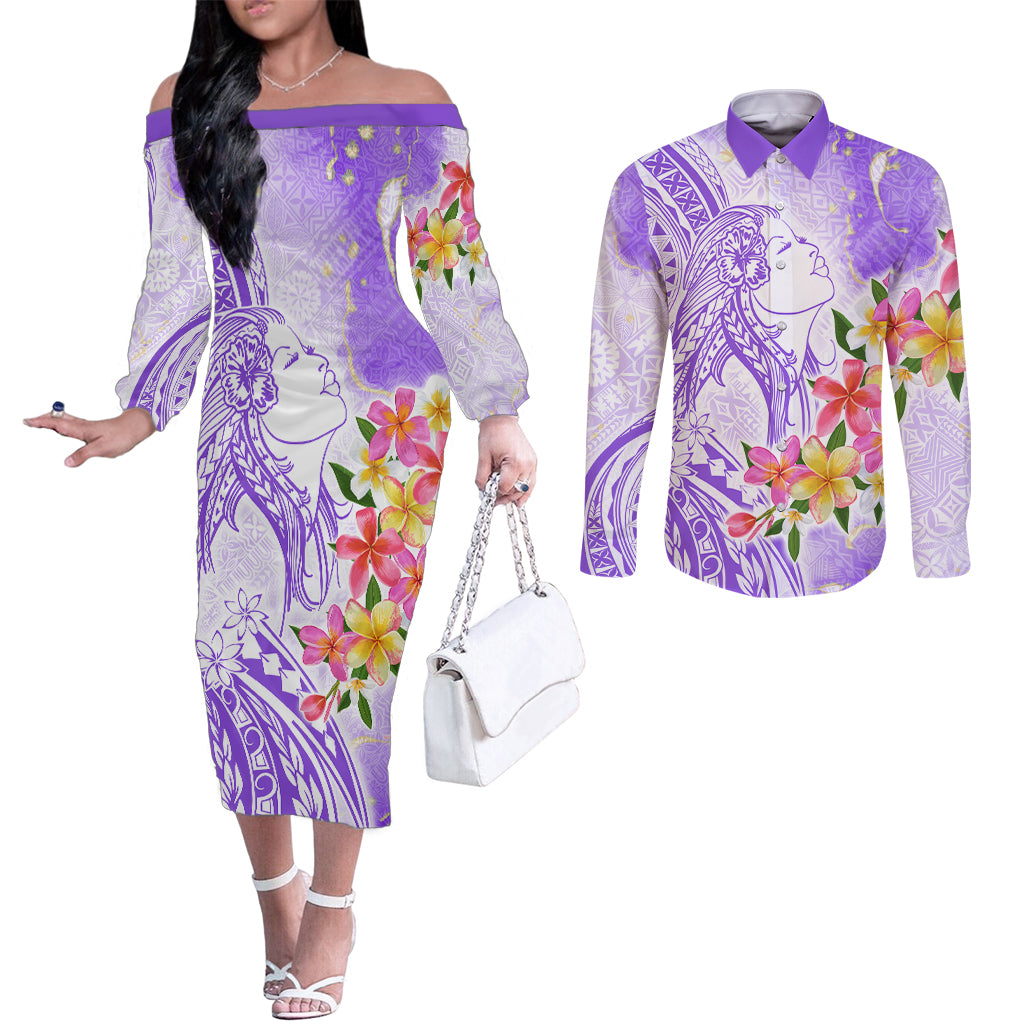 Polynesian Women's Day Wahine Couples Matching Off The Shoulder Long Sleeve Dress and Long Sleeve Button Shirt Plumeria Marble Glaze - Purple LT7 Purple - Polynesian Pride