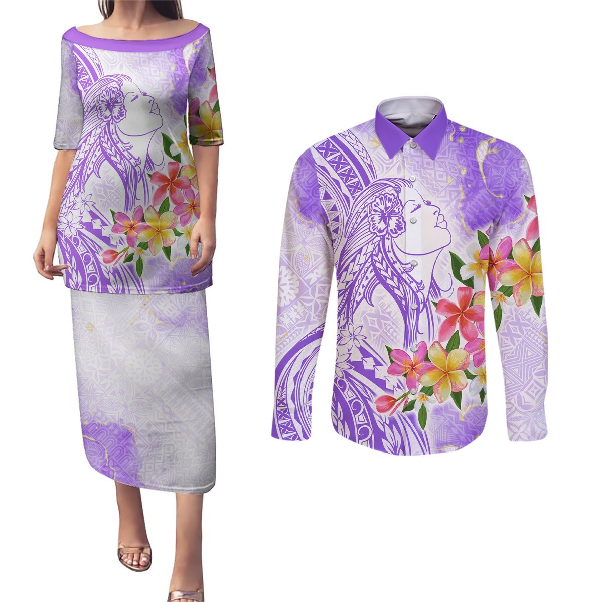 Polynesian Women's Day Wahine Couples Matching Puletasi and Long Sleeve Button Shirt Plumeria Marble Glaze - Purple LT7 Purple - Polynesian Pride