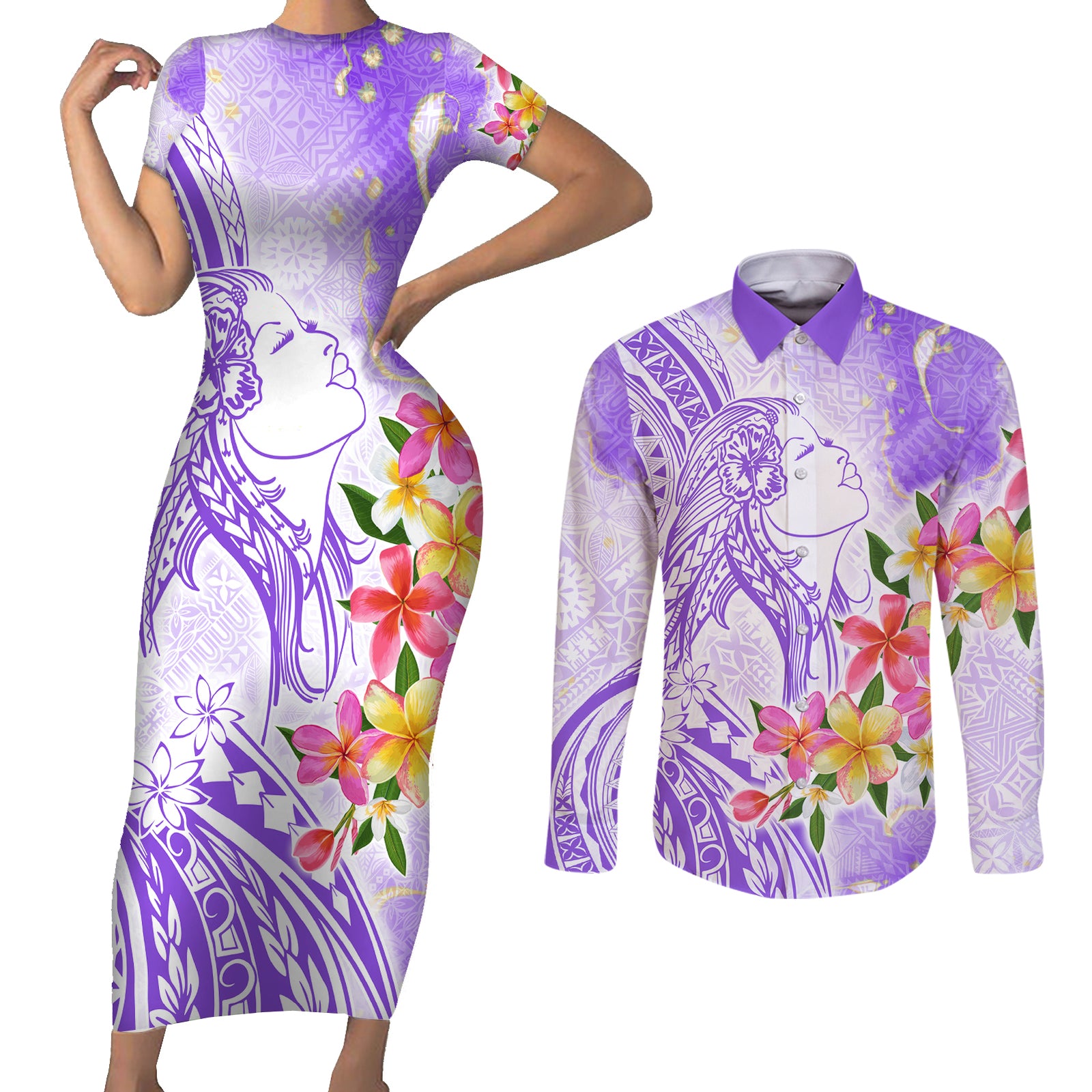 Polynesian Women's Day Wahine Couples Matching Short Sleeve Bodycon Dress and Long Sleeve Button Shirt Plumeria Marble Glaze - Purple LT7 Purple - Polynesian Pride