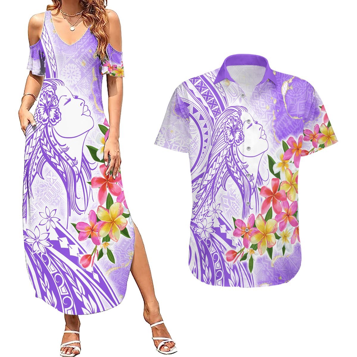 Polynesian Women's Day Wahine Couples Matching Summer Maxi Dress and Hawaiian Shirt Plumeria Marble Glaze - Purple LT7 Purple - Polynesian Pride