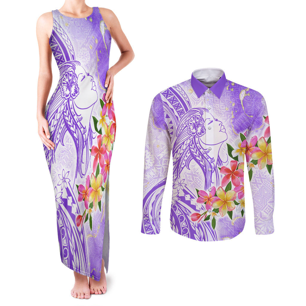 Polynesian Women's Day Wahine Couples Matching Tank Maxi Dress and Long Sleeve Button Shirt Plumeria Marble Glaze - Purple LT7 Purple - Polynesian Pride