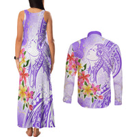 Polynesian Women's Day Wahine Couples Matching Tank Maxi Dress and Long Sleeve Button Shirt Plumeria Marble Glaze - Purple LT7 - Polynesian Pride
