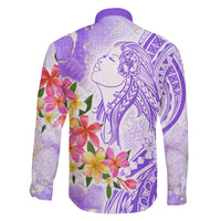 Polynesian Women's Day Wahine Family Matching Off Shoulder Long Sleeve Dress and Hawaiian Shirt Plumeria Marble Glaze - Purple LT7 - Polynesian Pride