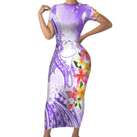 Polynesian Women's Day Wahine Family Matching Short Sleeve Bodycon Dress and Hawaiian Shirt Plumeria Marble Glaze - Purple LT7 Mom's Dress Purple - Polynesian Pride