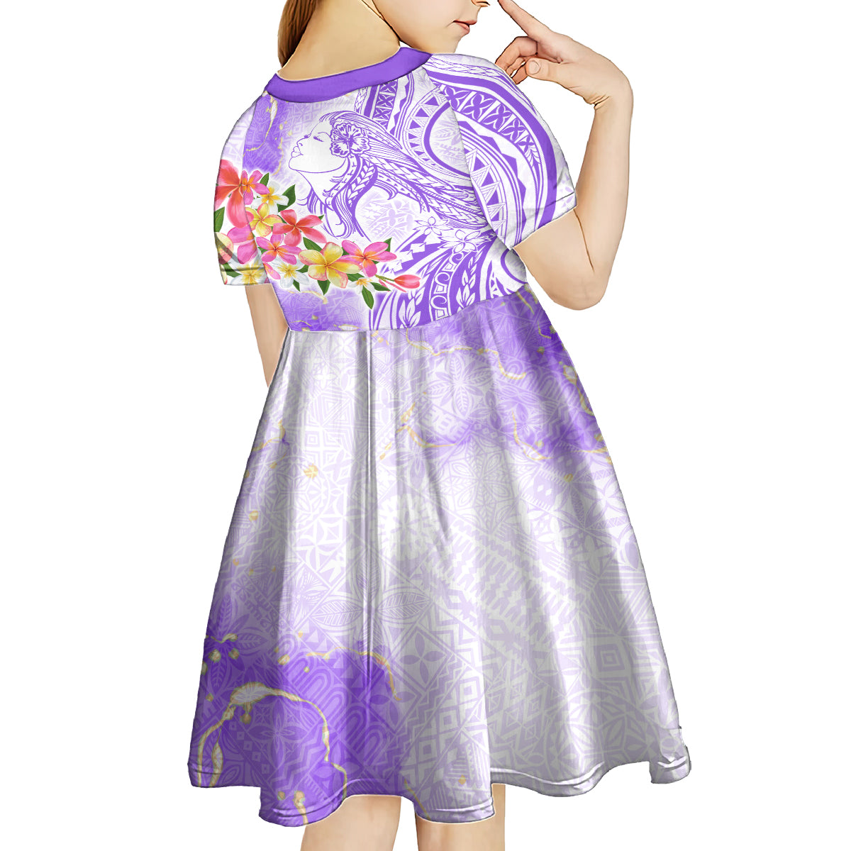 Polynesian Women's Day Wahine Kid Short Sleeve Dress Plumeria Marble Glaze - Purple LT7 - Polynesian Pride