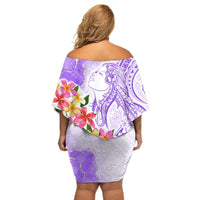 Polynesian Women's Day Wahine Off Shoulder Short Dress Plumeria Marble Glaze - Purple LT7 - Polynesian Pride