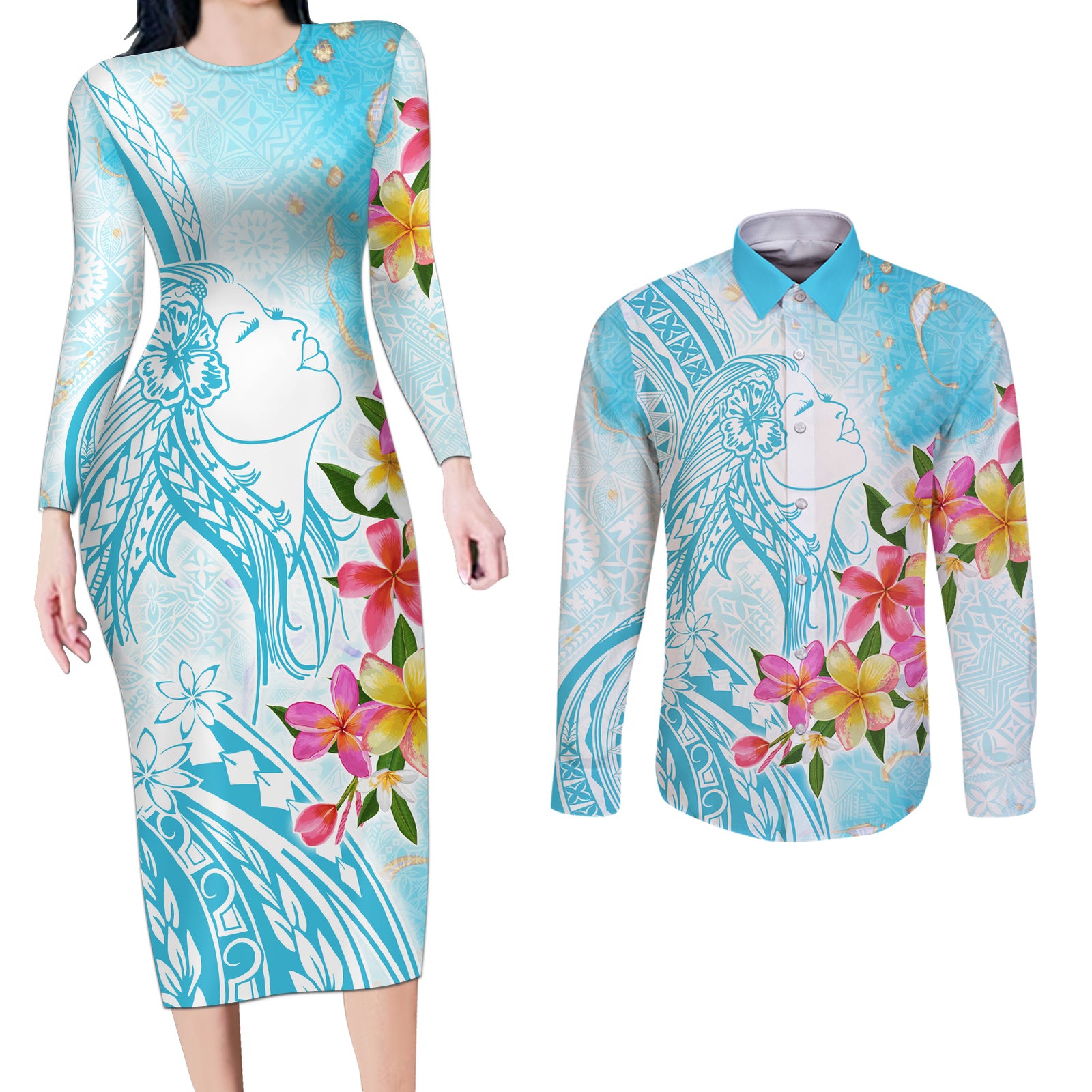 Polynesian Women's Day Wahine Couples Matching Long Sleeve Bodycon Dress and Long Sleeve Button Shirt Plumeria Marble Glaze - Turquoise LT7 Turquoise - Polynesian Pride