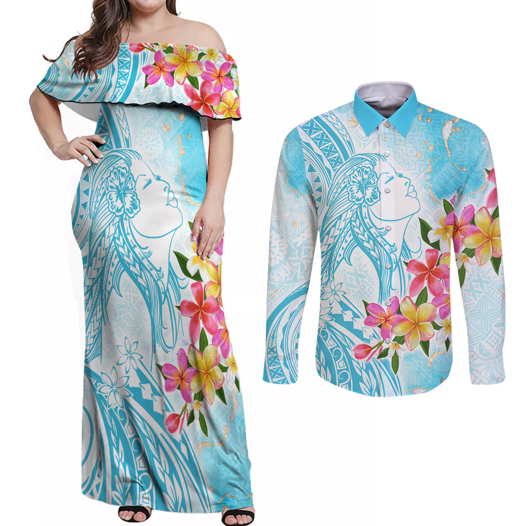 Polynesian Women's Day Wahine Couples Matching Off Shoulder Maxi Dress and Long Sleeve Button Shirt Plumeria Marble Glaze - Turquoise LT7 Turquoise - Polynesian Pride