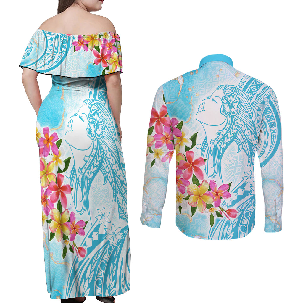 Polynesian Women's Day Wahine Couples Matching Off Shoulder Maxi Dress and Long Sleeve Button Shirt Plumeria Marble Glaze - Turquoise LT7 - Polynesian Pride