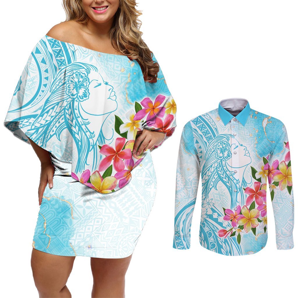 Polynesian Women's Day Wahine Couples Matching Off Shoulder Short Dress and Long Sleeve Button Shirt Plumeria Marble Glaze - Turquoise LT7 Turquoise - Polynesian Pride
