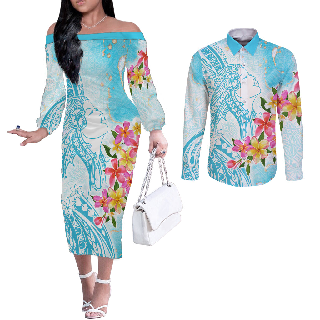 Polynesian Women's Day Wahine Couples Matching Off The Shoulder Long Sleeve Dress and Long Sleeve Button Shirt Plumeria Marble Glaze - Turquoise LT7 Turquoise - Polynesian Pride