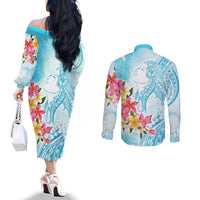 Polynesian Women's Day Wahine Couples Matching Off The Shoulder Long Sleeve Dress and Long Sleeve Button Shirt Plumeria Marble Glaze - Turquoise LT7 - Polynesian Pride