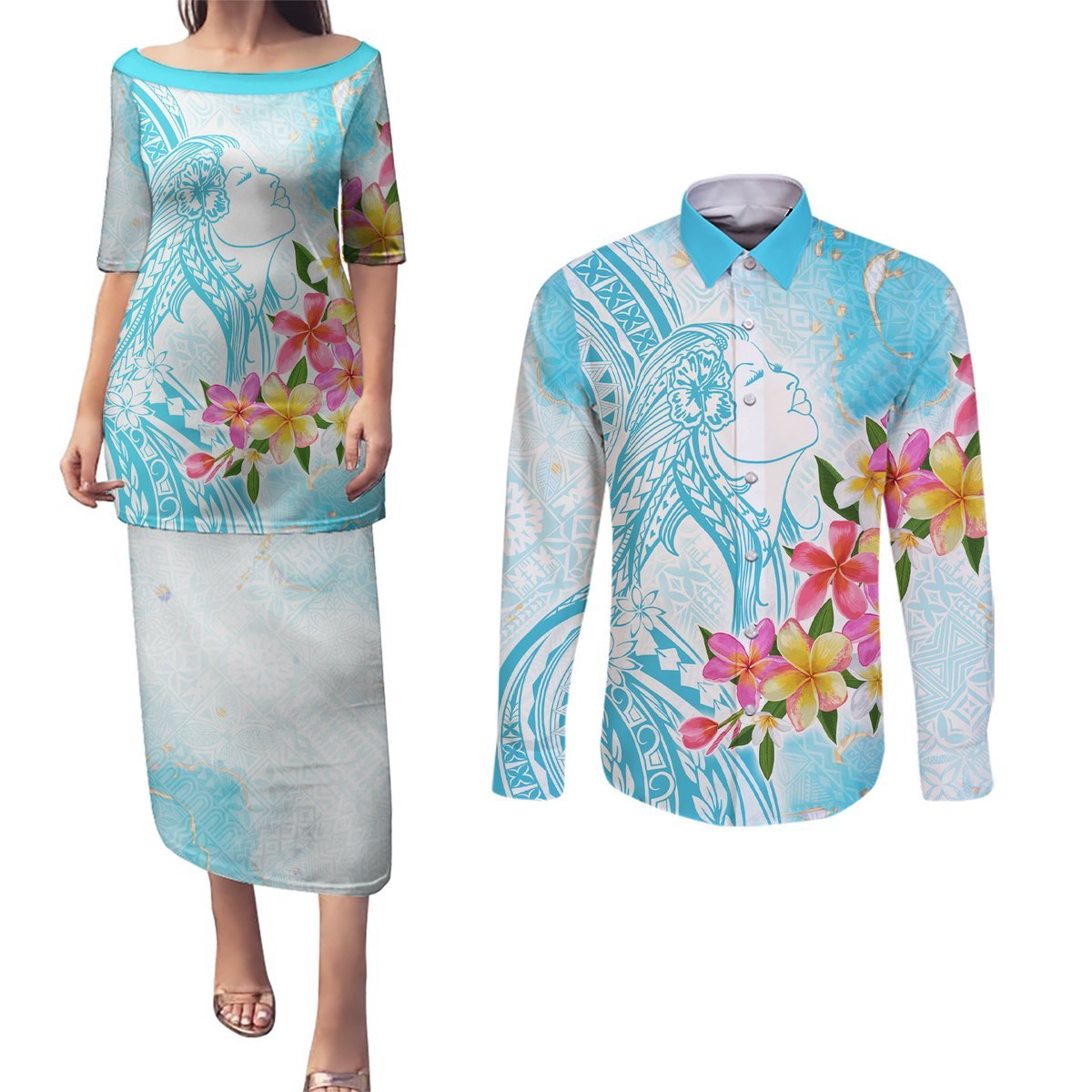 Polynesian Women's Day Wahine Couples Matching Puletasi and Long Sleeve Button Shirt Plumeria Marble Glaze - Turquoise LT7 Turquoise - Polynesian Pride